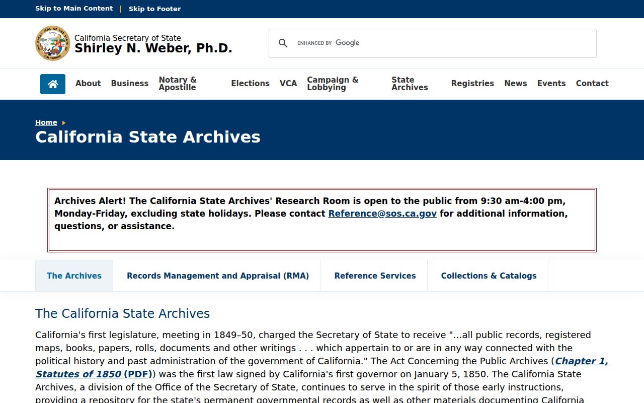 California State Archives catalog and research entry point for Cypress records