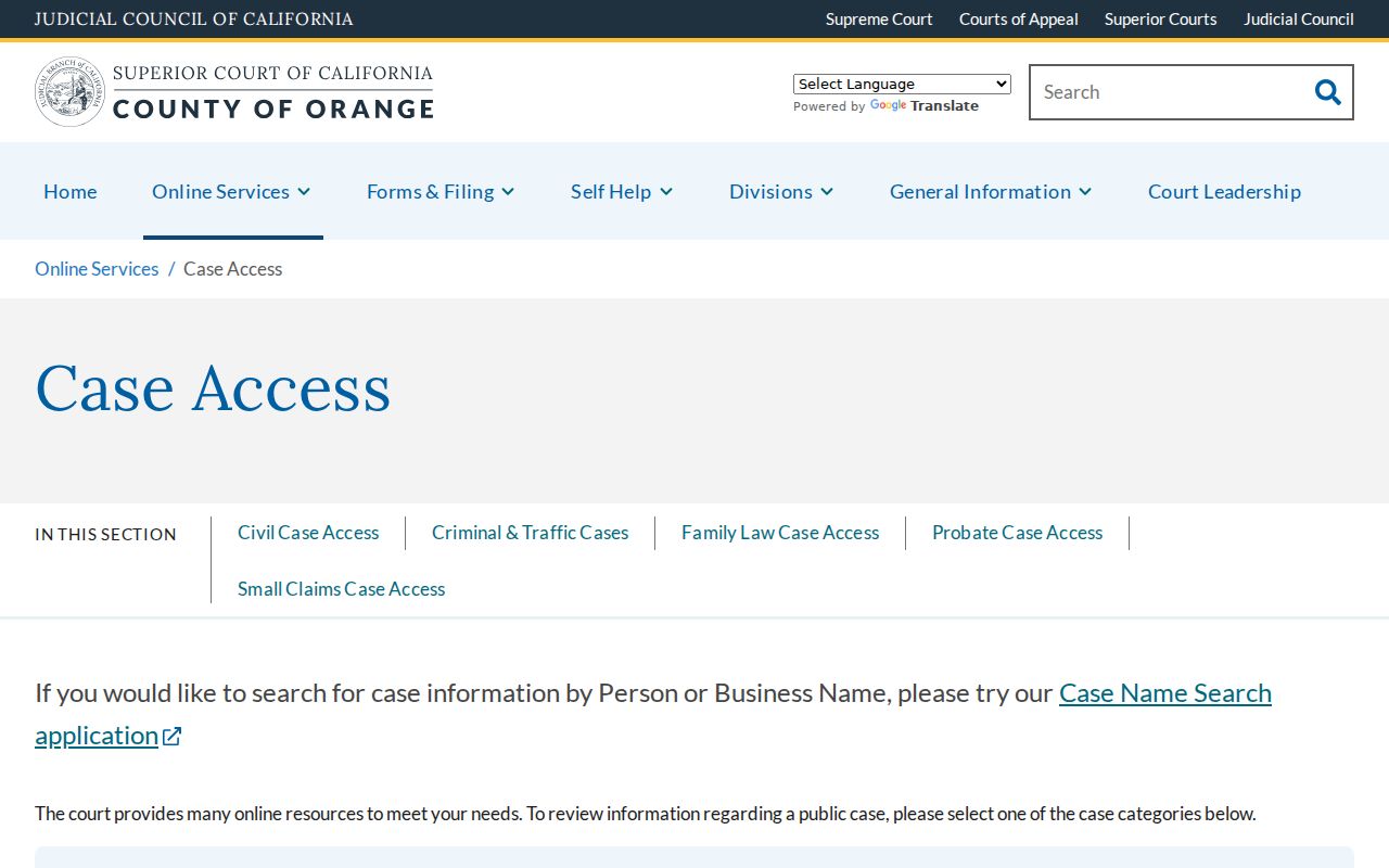Orange County Superior Court case-access page for a Cypress resident record