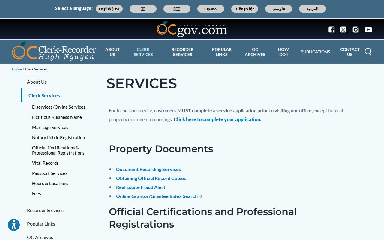 Orange County Clerk-Recorder services page used for Cypress records research