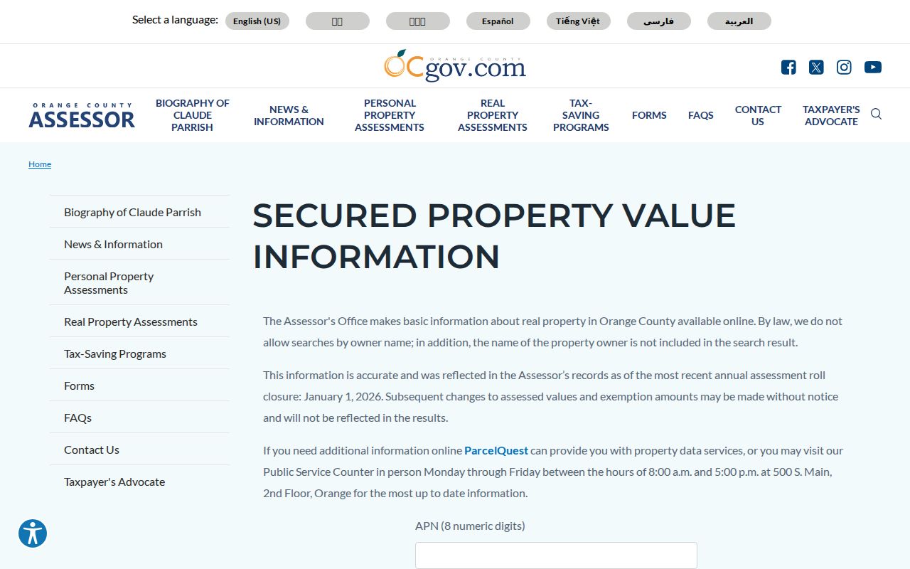 Orange County secured property value APN search for Cypress residents directory parcel research