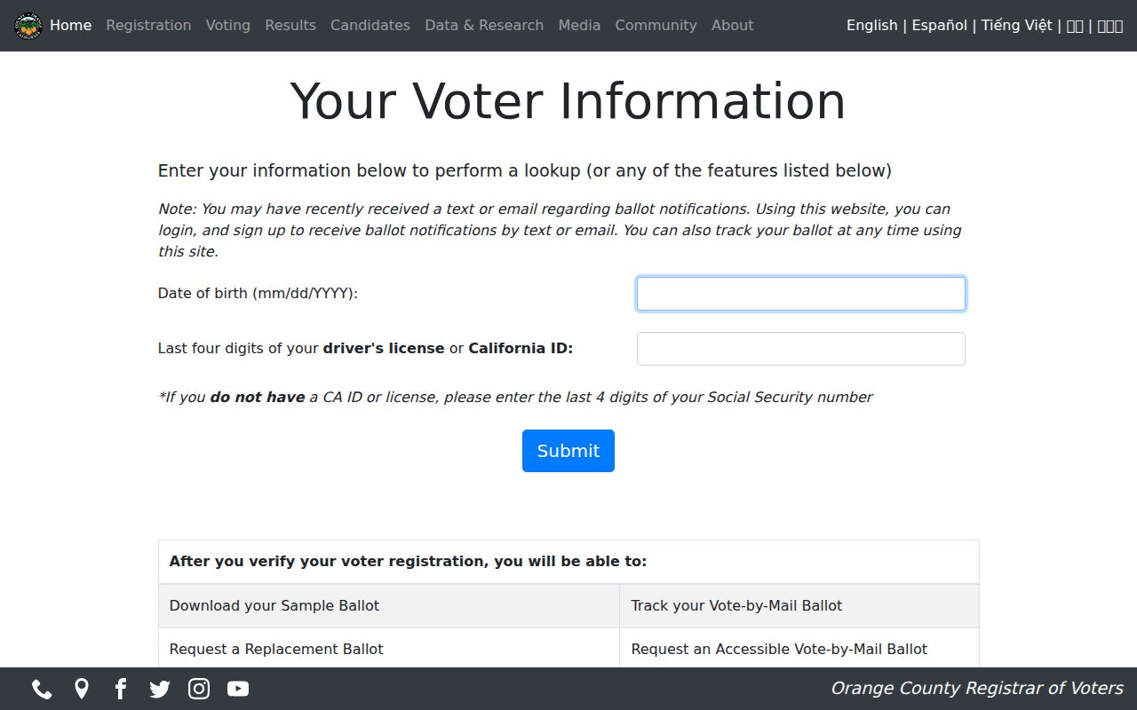 Orange County voter lookup authentication fields for a Cypress registration record