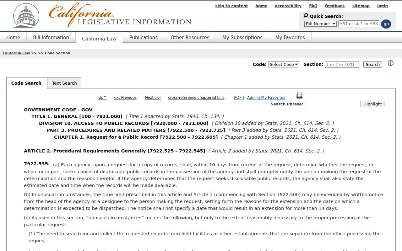 California public-records response statute used for Cypress previous residents house-history research
