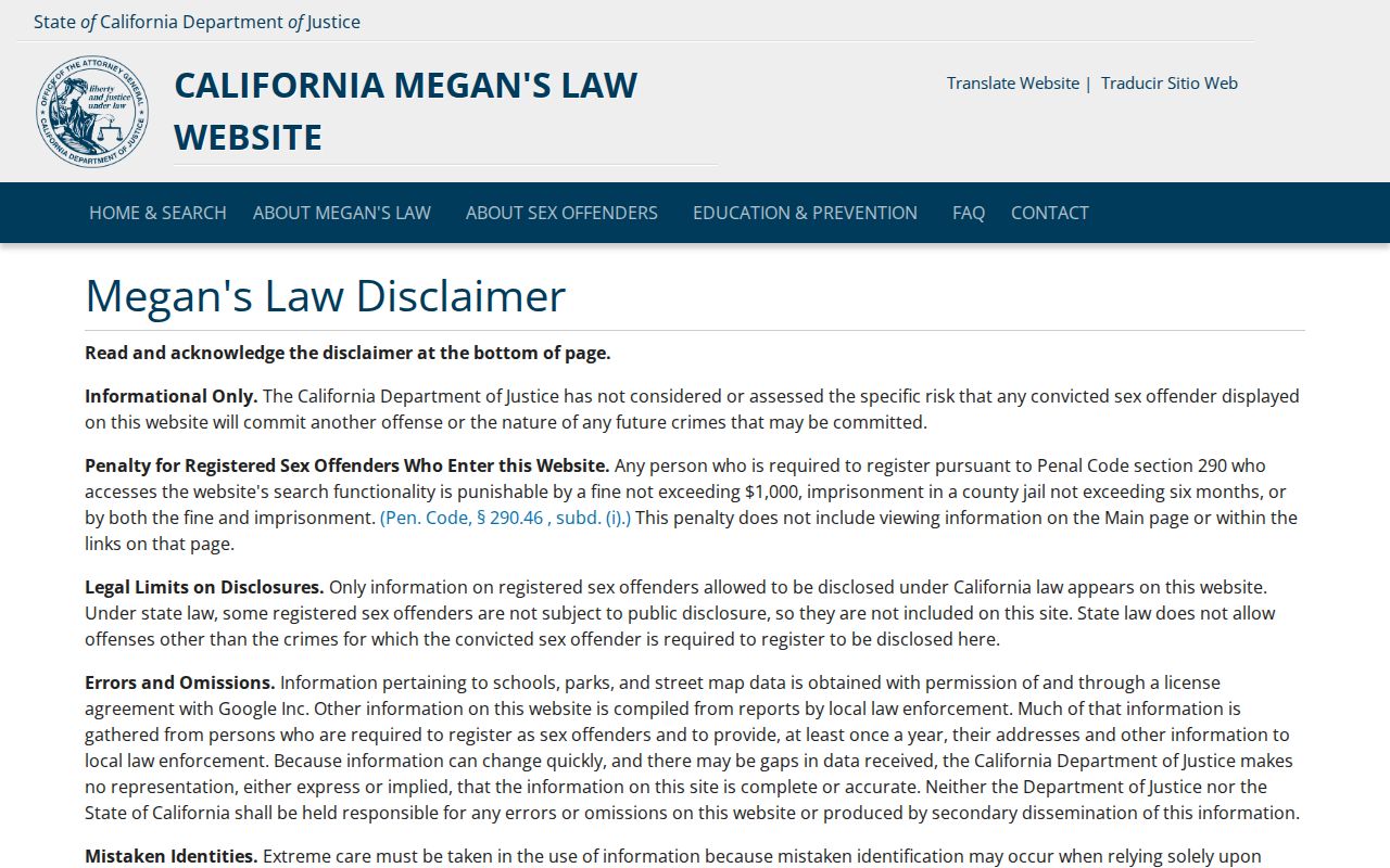 California Megan’s Law search and legal notice for a Cypress resident lookup
