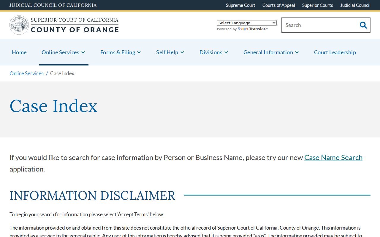 Orange County Superior Court case index route for a Cypress resident name lookup