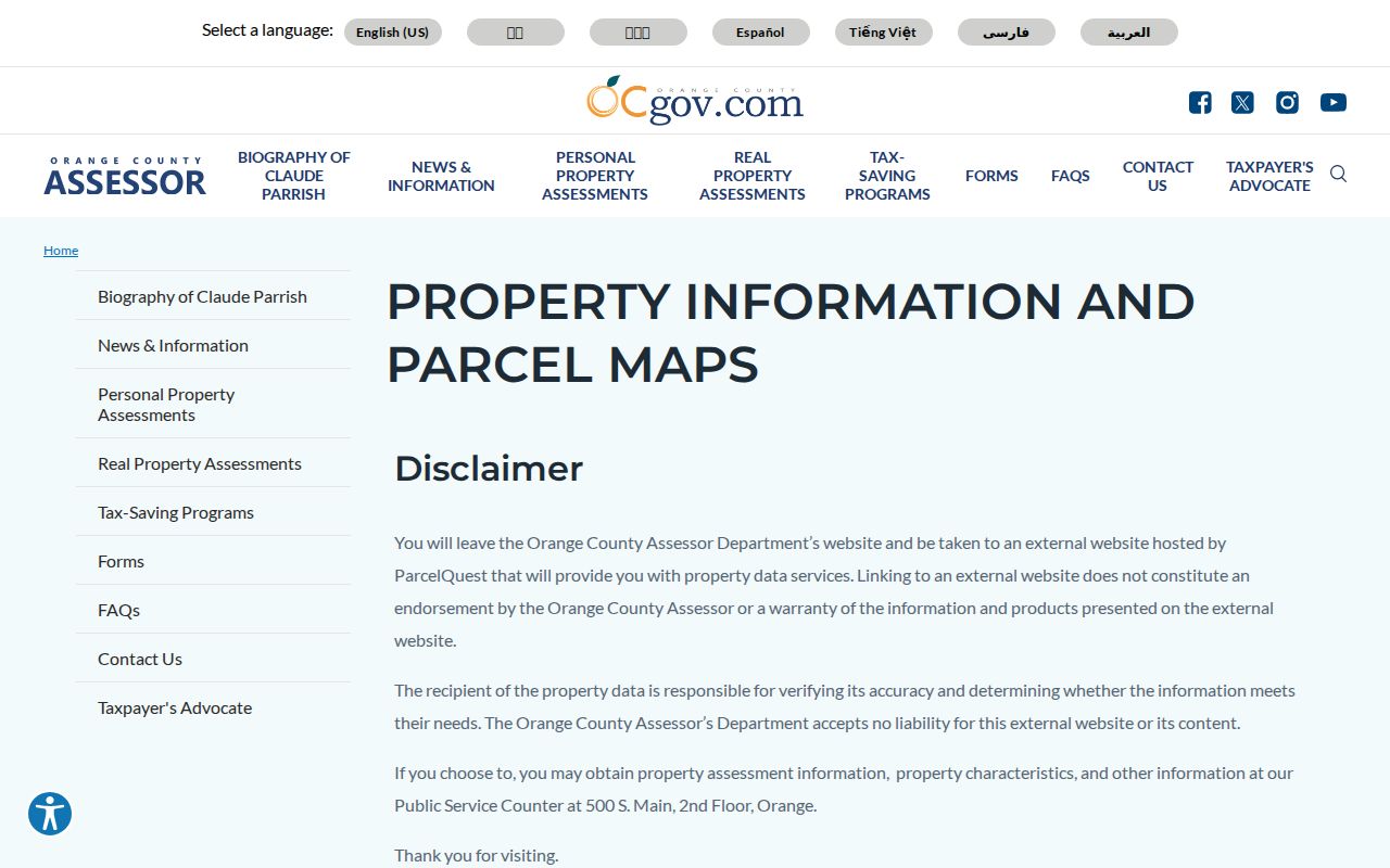 Orange County Assessor property information and parcel map route for Cypress street research