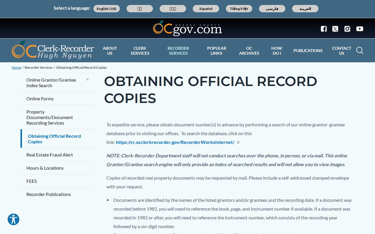 Orange County official record copy instructions for a Cypress instrument