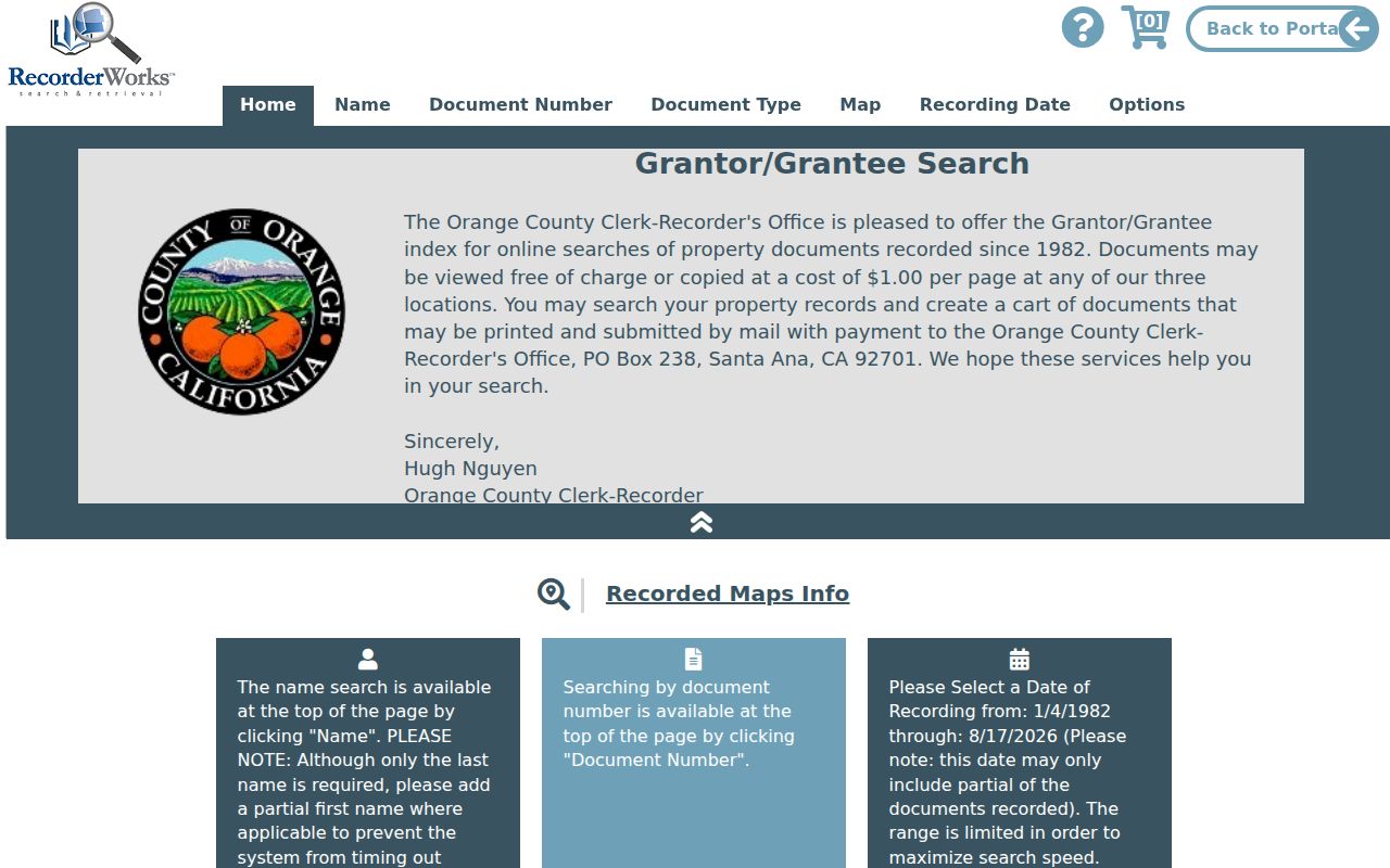 Orange County RecorderWorks grantor-grantee index for Cypress deed research